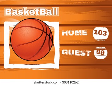 old wood backboard for basketball with ball and team score