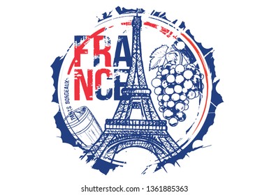 Old wood barrel and a bunch of grapes and Eiffel Tower.  Bordeaux, Paris, France city design. Hand drawn illustration.