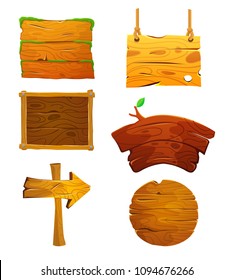 Old wood board set. Wooden signboards or wood plank for banners or messages hanging on ropes. Isolated vector clip art with rustic signboard, place for advertising.
