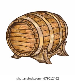Old wood keg. Barrel for storage of wine, beer, alcohol. Wooden barrel. Hand drawn retro vintage illustration, engraved style
