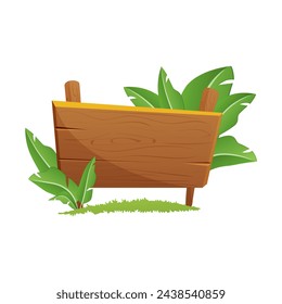 Old wood plank on sticks, empty signboard with tropical palm leaves vector illustration