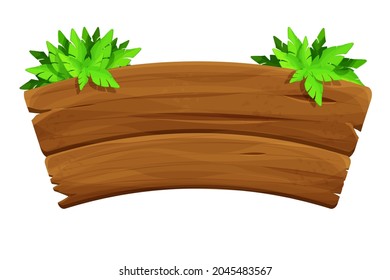 Old wood plank, signboard decorated palm leaves in cartoon style isolated on white background. Jungle, tropical element, textured and detailed board. Ui game asset