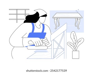 Old wood restoration isolated cartoon vector illustrations. Young smiling girl refinishing old wood chair, furniture restoration, carpentry hobby, house design improvement vector cartoon.