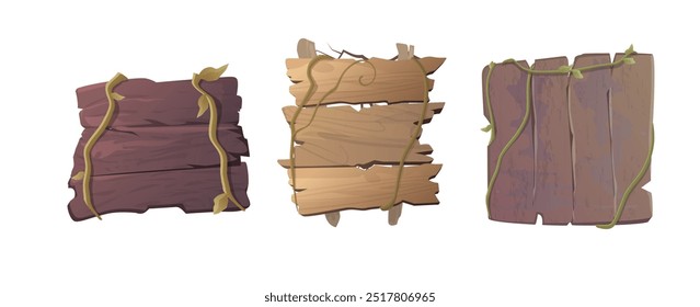 Letrero de madera vieja con liana. Textura de madera de tablones ásperos marrones vacíos. Escritorio retro de madera, poste de señalización o valla de construcción en ruinas. Conjunto de ilustraciones de dibujos animados de Vector aislado en blanco