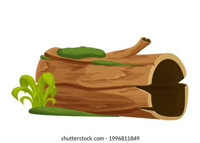 Old wood, tree log, trunk with moss and grass empty in cartoon style isolated on white background. Forest clip art, old and broken piece, part. . Vector illustration