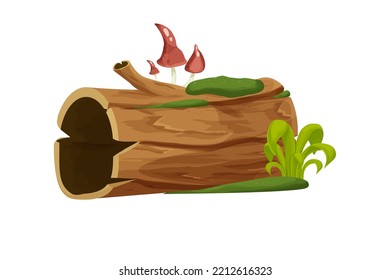 Altes Holz, Baumstamm, Kofferraum mit Moos und Gras leer im Cartoon-Stil einzeln auf weißem Hintergrund. Forest Clip Art, altes und gebrochenes Stück, Teil. 