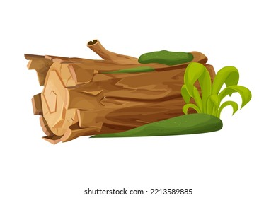 Old wood, tree log, trunk with moss and grass empty in cartoon style isolated on white background. Forest clipart, old and broken piece, part. 