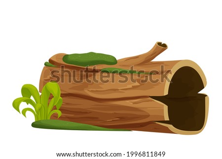 Old wood, tree log, trunk with moss and grass empty in cartoon style isolated on white background. Forest clip art, old and broken piece, part. . Vector illustration