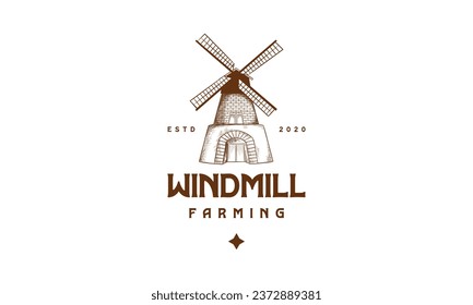 Diseño del logo del molino de viento de madera antigua