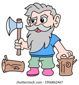 old woodcutter carrying ax while chopping wood. Doodle kawaii style drawing. Vector art illustration.