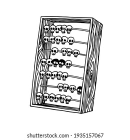 old wooden abacus with skulls, accounting equipment, mass death concept, vector illustration with black ink contour lines isolated on white background in cartoon and hand drawing style