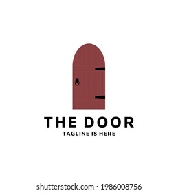 Old Wooden Arch Door, Closed Door, Made of Wooden Planks with Iron Hinges Vector Isolated Illustration