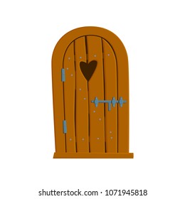 The old wooden arched door of the boards with iron hinges and straps, a bolt and a heart. Flat vector illustration in cartoon style isolated on white background.