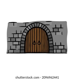 Old wooden arched gate and stone wall icon. Colored outline sketch drawing. Front view. Vector simple flat graphic hand drawn illustration. The isolated object on a white background. Isolate.
