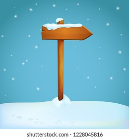 Old wooden arrow signpost with one plank covered with snow on the snowy ground. Blue background with falling snowflakes. Winter season sign. Vector.