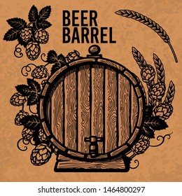 Old wooden barrel of beer with hop branches and ears of barley or wheat. Beer poster in vintage engraving style. Hand drawn set of vector elements isolated on brown background.