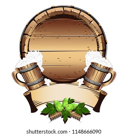 Old wooden barrel with beer. Vector illustration on white background.