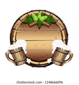 Old wooden barrel with beer. Vector illustration on white background.