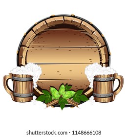 Old wooden barrel with beer. Vector illustration on white background.