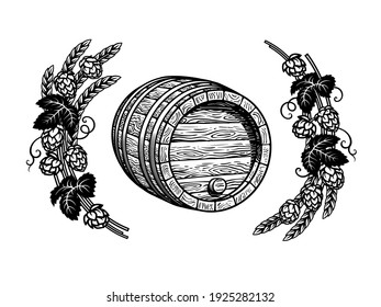 Old wooden barrel with cork in frame of hop branches and wheat barley ears. Beer, wine, rum whiskey traditional barrel three quarters view in black and white vintage engraving style. Vector.