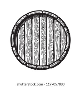 Old wooden barrel in  engraving style.  Top view of beer, wine, rum whiskey traditional  barrel. Black and white hand drawn isolated vector illustrations.