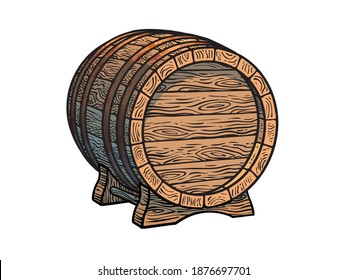 Viejo barril de madera en el estrado. Cerveza, vino, whisky de ron barril tradicional con tres cuartas partes de vistas en estilo de grabado vintage. Ilustraciones vectoriales dibujadas a mano aisladas en fondo blanco.