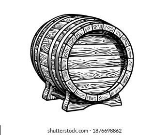 Viejo barril de madera en el estrado. Cerveza, vino, whisky de ron barril tradicional con tres cuartas partes de vistas en estilo de grabado de vintage en blanco y negro. Ilustraciones vectoriales dibujadas a mano aisladas en fondo blanco.