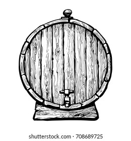  Old Wooden Barrel With A Tap. Black And White Hand Drawn Vector Illustrations In Sketch Style. Front View Of Beer, Wine, Rum Whiskey Traditional  Barrel. Isolated On White Background.