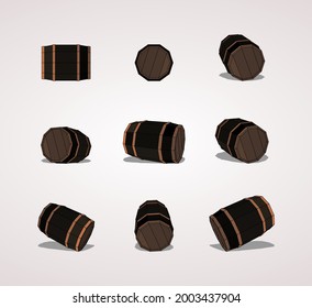 Old wooden barrels with different positions. Storage of beer, wine, whiskey, cask of traditional rum whiskey. Black and white isolated vector illustration. vintage realistic style