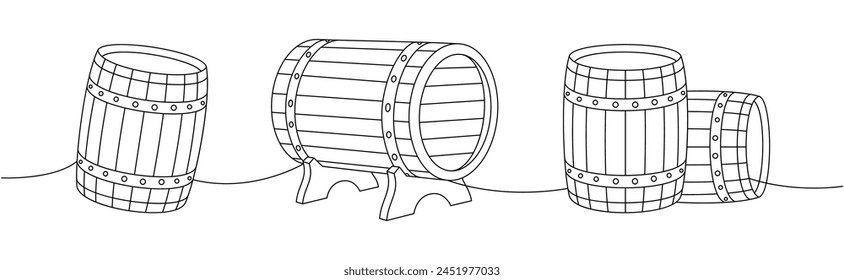 Barriles de madera vieja una línea de dibujo continuo. Ilustración continua de una línea de productos de pub de cerveza. Ilustración lineal de Vector.