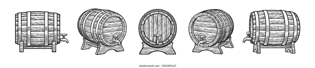 viejos barriles de madera con grifos en puestos diferentes, de estilo grabado vintage. Cerveza, vino, whisky de ron con barritas tradicionales. Ilustraciones vectoriales aisladas en blanco y negro.