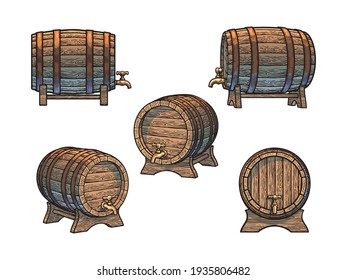 Old wooden barrels  set with taps on stands in different positions, vintage engraving style. Beer, wine, rum whiskey traditional casks. Vector illustrations isolated on white background.