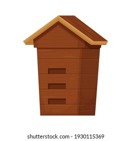 Old wooden beehive in brown colour in cartoon style isolated on white background. Retro, rural beekeeping house. Wood construction, equipment detailed and textured, clipart. 