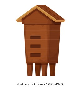 Old wooden beehive in brown colour in cartoon style isolated on white background. Retro, rural beekeeping house. Wood construction, equipment detailed and textured, clipart. 