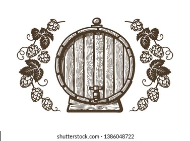 Old wooden beer barrel framed by branches of hops with leaves and cones. Design elements for brewery, beer festival, bar, pub decoration. Hand drawn vector illustration isolated on white backgraund.