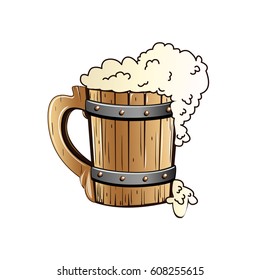 Old wooden beer mug In cartoon style isolated on white background.. Vector illustration