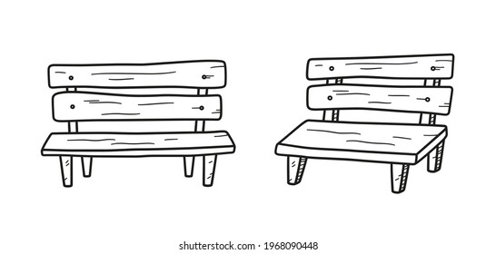 Old wooden bench in doodle style. Hand drawn vector illustration on white background