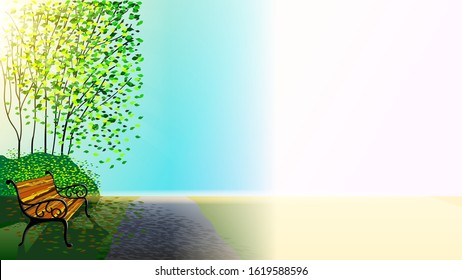 Old wooden bench with wrought iron handrails in the Park among trees and bushes. Detailed graphic realistic summer landscape. Vector illustration stock.