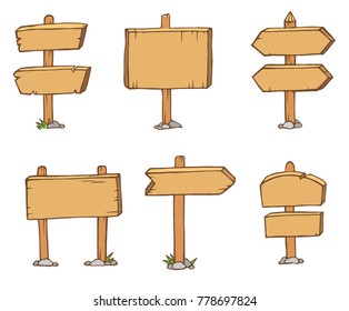 Old wooden blank cartoon sign boards isolated on white vector. Arrows billboard plank illustration, for your web design.