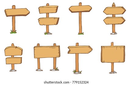 Old wooden blank cartoon sign boards isolated on white vector. Arrows billboard plank illustration, for your web design.