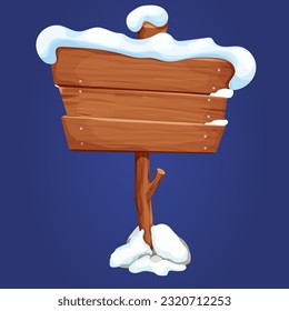 Old wooden blank, signboard on stick with snow and stones in cartoon style.Empty frame, direction plank isolated on white background. Game element Season decoration