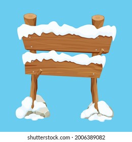 Old wooden blank, signboard with snow in cartoon style.Empty frame, direction plank isolated on white background. Season decoration