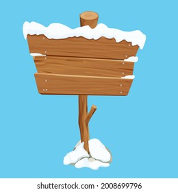 Old wooden blank, signboard with snow in cartoon style.Empty frame, direction plank isolated on white background. Season decoration