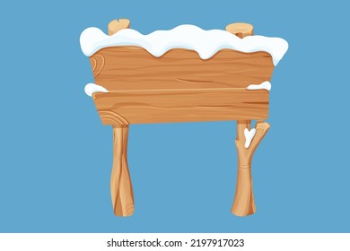 Old wooden blank, signboard with snow in cartoon style.Empty frame, direction plank isolated on white background. Season decoration