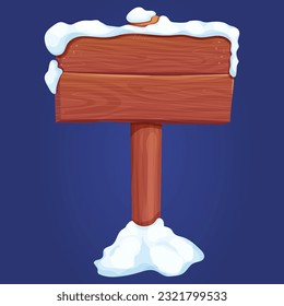 Old wooden blank, signboard with snow in cartoon style.Empty frame, direction plank isolated on white background. Game element Season decoration