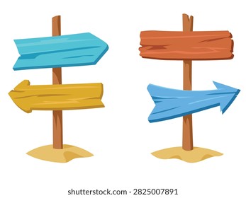 Old wooden board or empty sign on beach, arrow for direction and guidance, west board