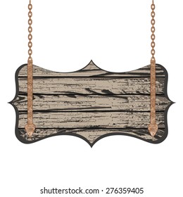 Old wooden board with rusty chain. Vector illustration