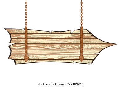 Old wooden board with rusty chain. Vector illustration