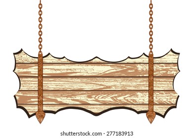 Old wooden board with rusty chain. Vector illustration