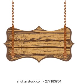 Old wooden board with rusty chain. Vector illustration
